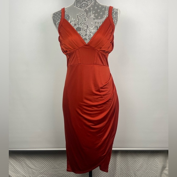 Nevena Rae Rust Red Plunge Rouched Hip Corset Style Bodice Dress - Picture 1 of 7